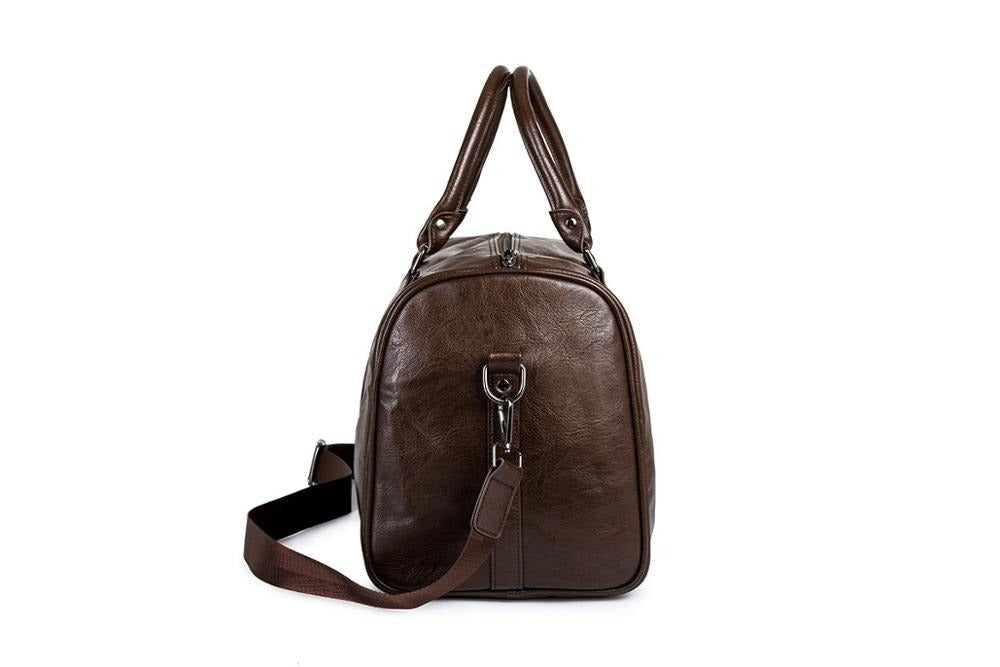Spacious brown faux leather travel duffel, perfect as a carry-on, gym bag, or for weekenders.