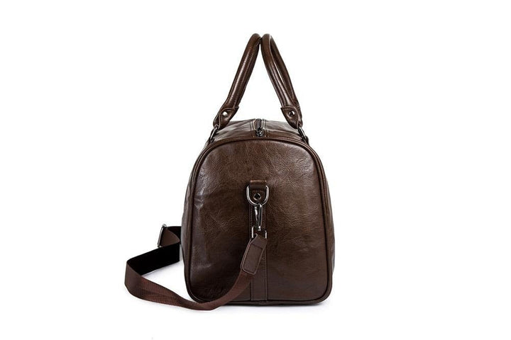 Spacious brown faux leather travel duffel, perfect as a carry-on, gym bag, or for weekenders.