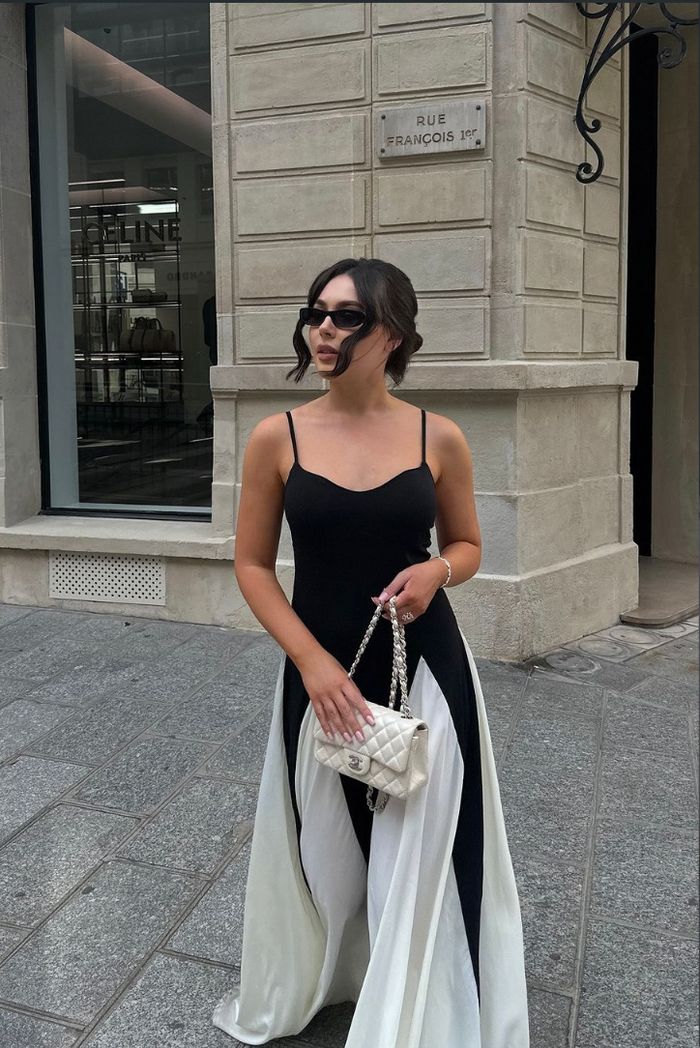 Chic black & white sweetheart neckline maxi dress, a perfect wedding guest gown.