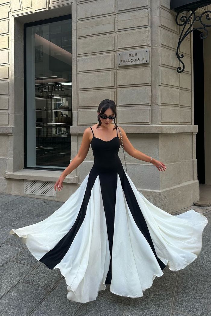 Formal women's black and white contrast maxi dress for evening parties.