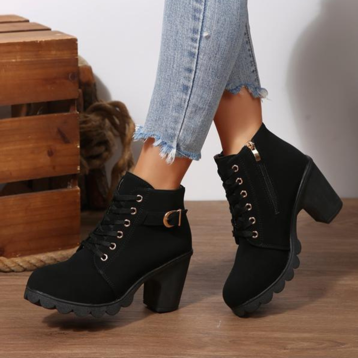 Black women's chic lace-up chunky heeled ankle boots. Stylish, comfortable, perfect for fall & winter fashion.