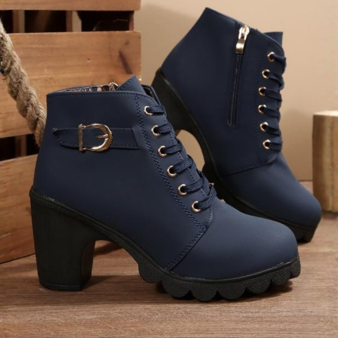Stylish women's chunky lace-up heeled ankle boots, designed for comfortable all-day wear in fall & winter.