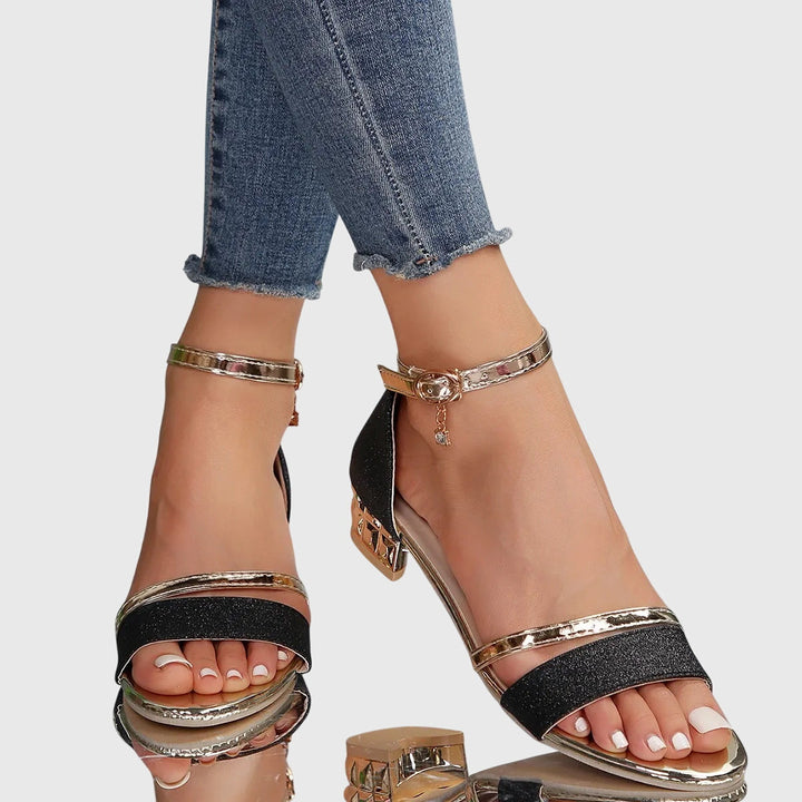 Black women's orthopedic heeled sandals with adjustable straps for comfort & arch support. Foot pain relief.