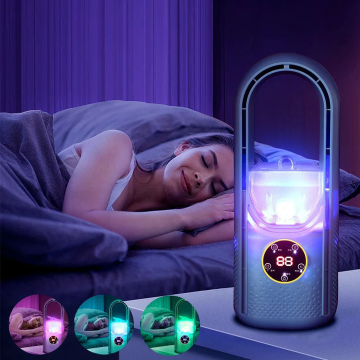 Mini portable air conditioner for summer, silent & bladeless, perfect for cool comfort at home or office.