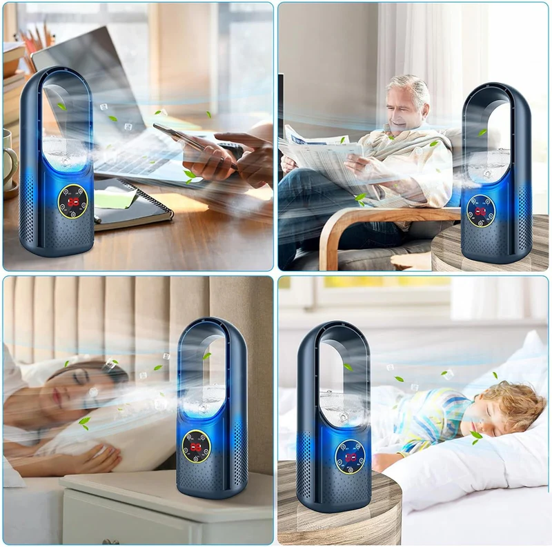 Silent bladeless fan & portable air conditioner, USB powered for cool comfort in any home or office space.