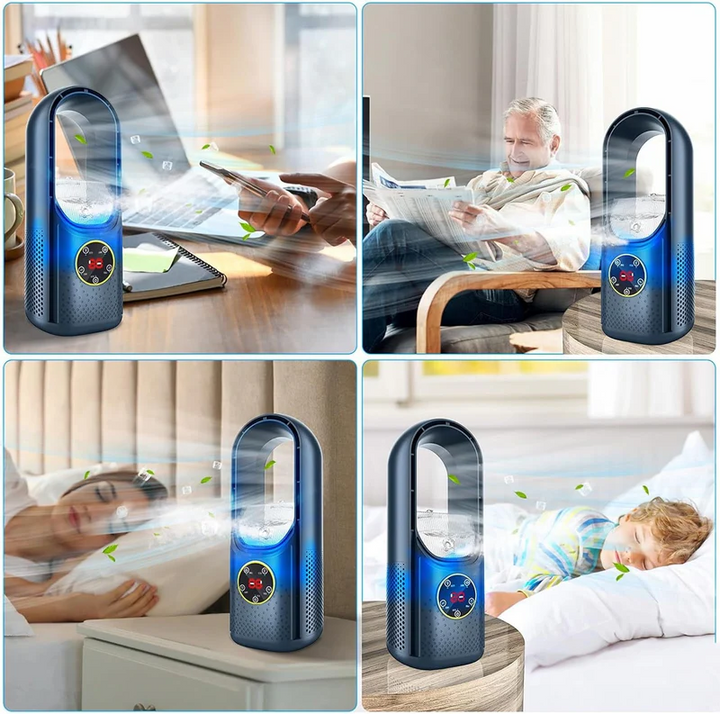 Silent bladeless fan & portable air conditioner, USB powered for cool comfort in any home or office space.