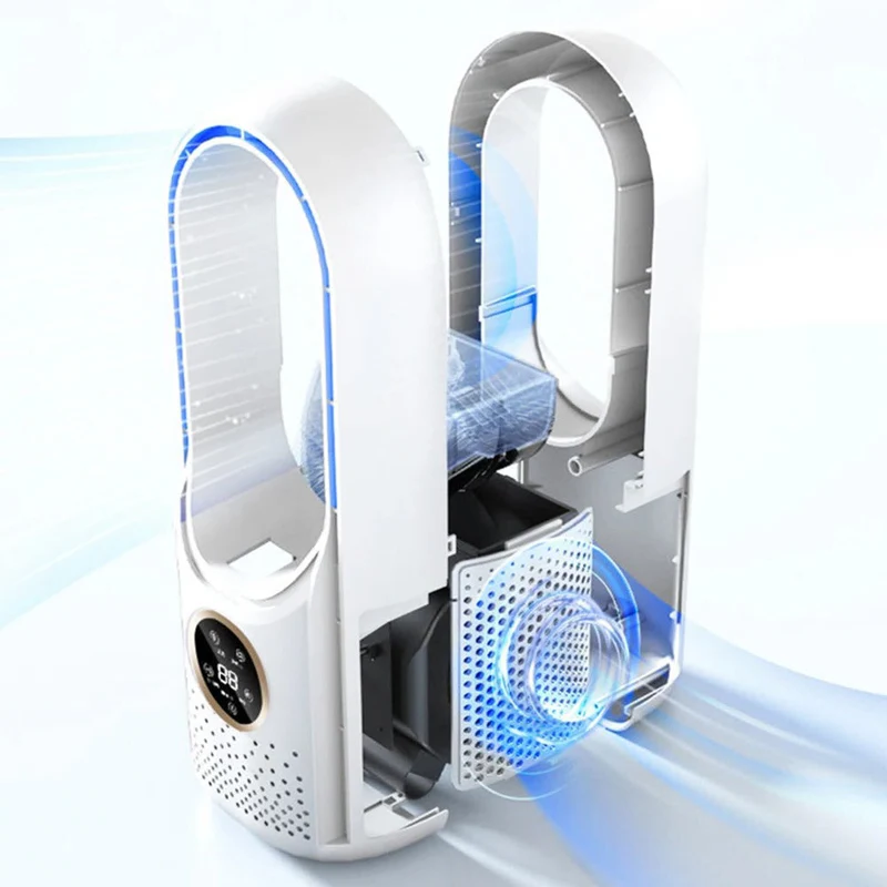 USB powered mini portable air conditioner, silent & bladeless desk fan for cool comfort in home or office.