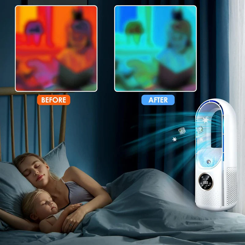 Quiet and efficient portable air conditioner, compact bladeless design for cool comfort in home & office.