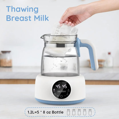 Baby bottle warmer for nursery, 1.2L capacity, blue, with temperature control