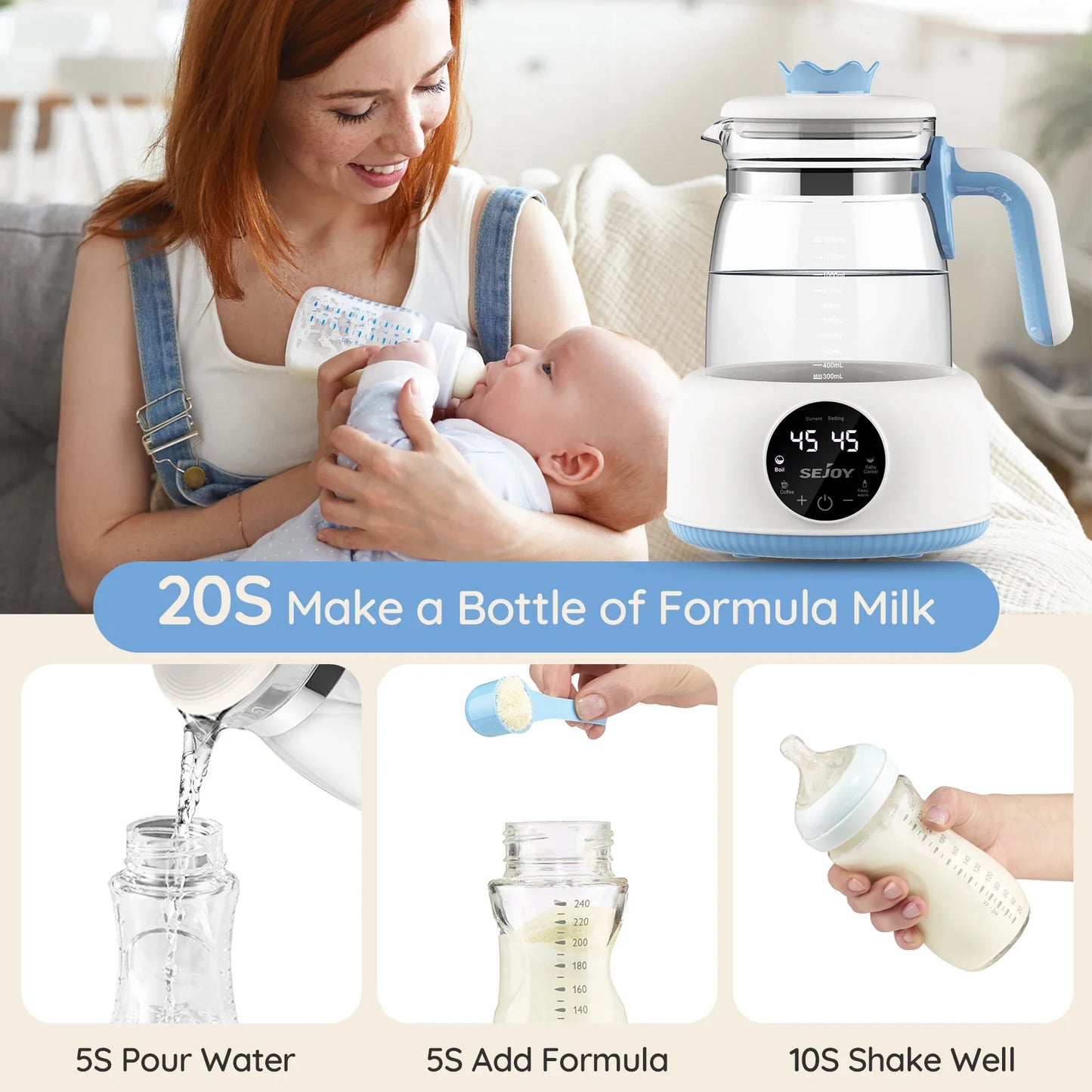 Blue 1.2L infant thermostatic kettle, ideal for warming baby milk and formula