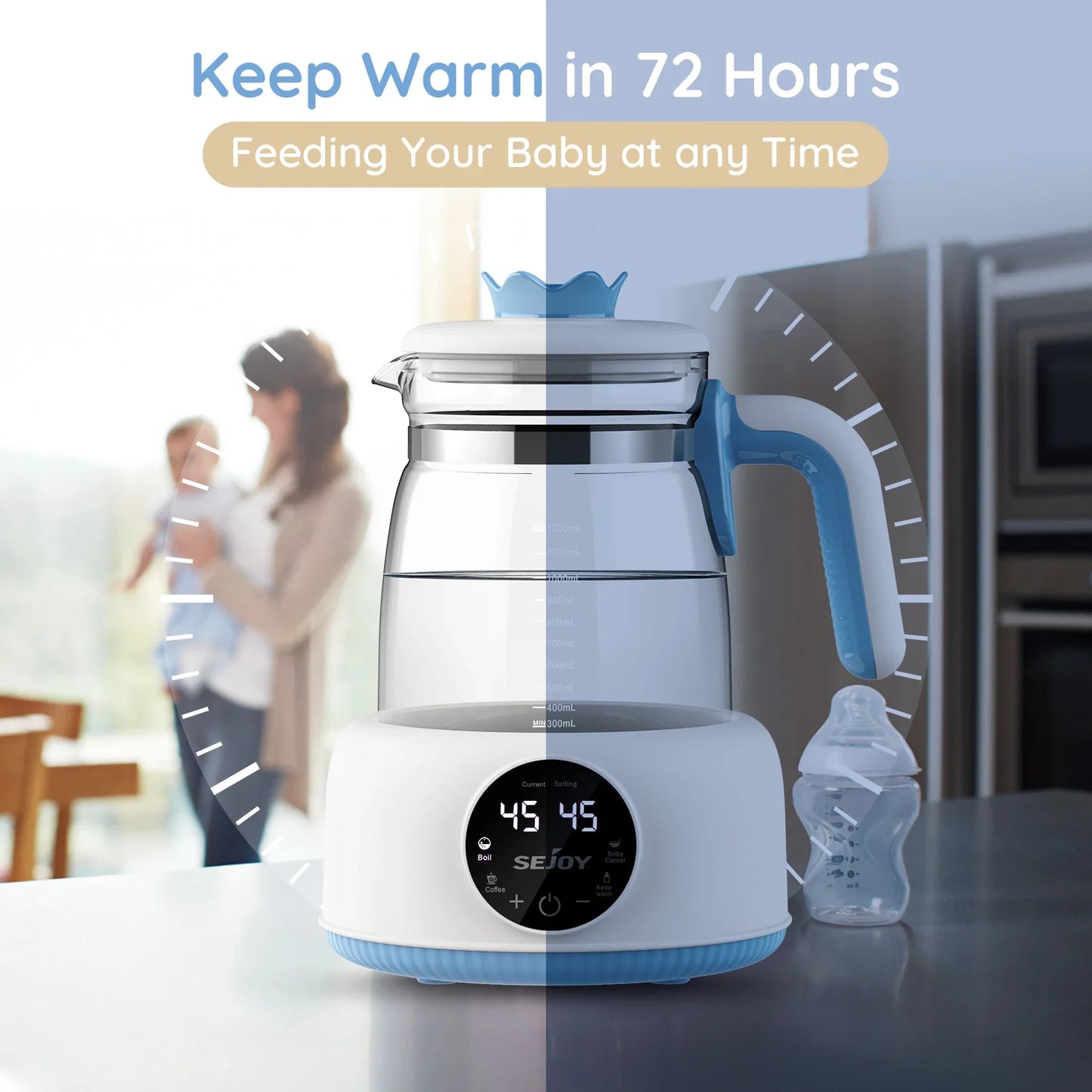 Electric bottle warmer, blue, 1.2L capacity, quickly heats infant milk and formula