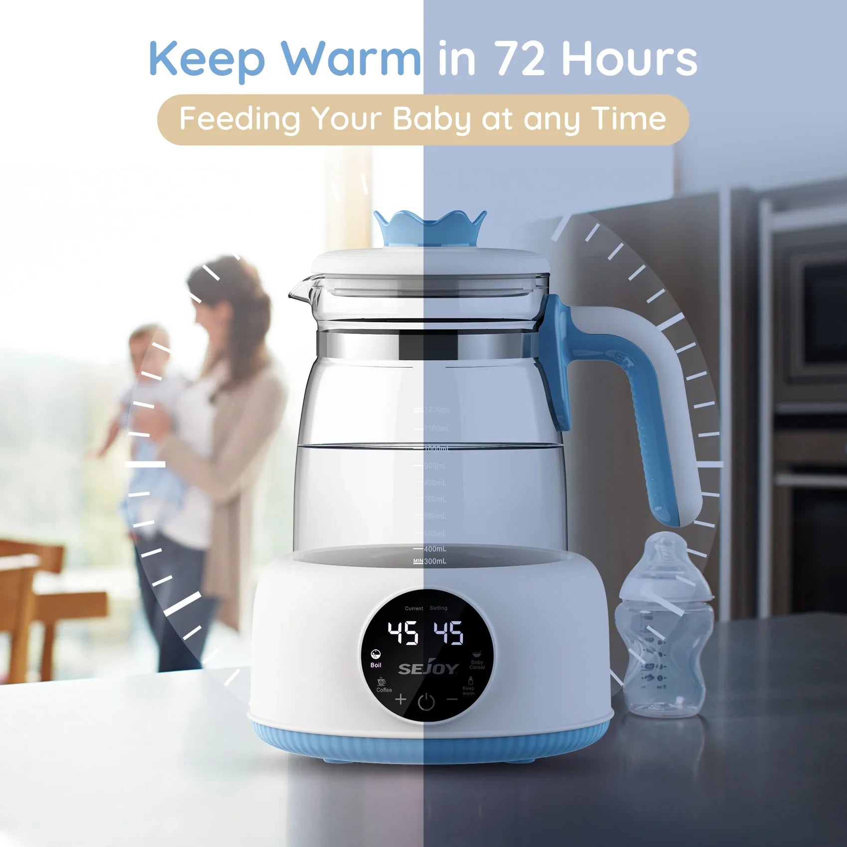 Electric bottle warmer, blue, 1.2L capacity, quickly heats infant milk and formula
