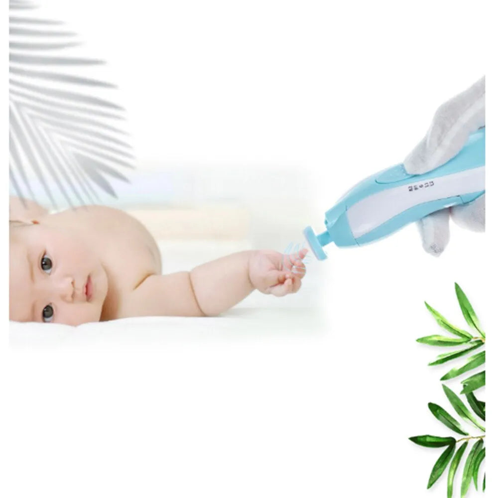 Blue baby manicure kit with electric nail file, ensuring safe and easy nail trimming for babies.