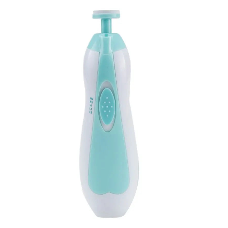 User demonstrating the gentle, quiet operation of a blue infant electric nail file.