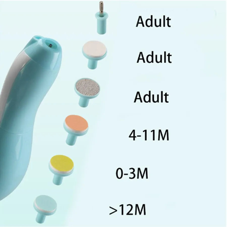 Collection of grinding heads from the pink baby electric nail trimmer kit for different ages.