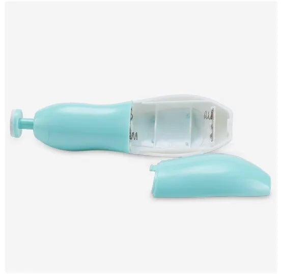 Close-up of the LED light feature on a blue baby electric nail file for improved visibility.