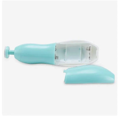 Close-up of the LED light feature on a blue baby electric nail file for improved visibility.