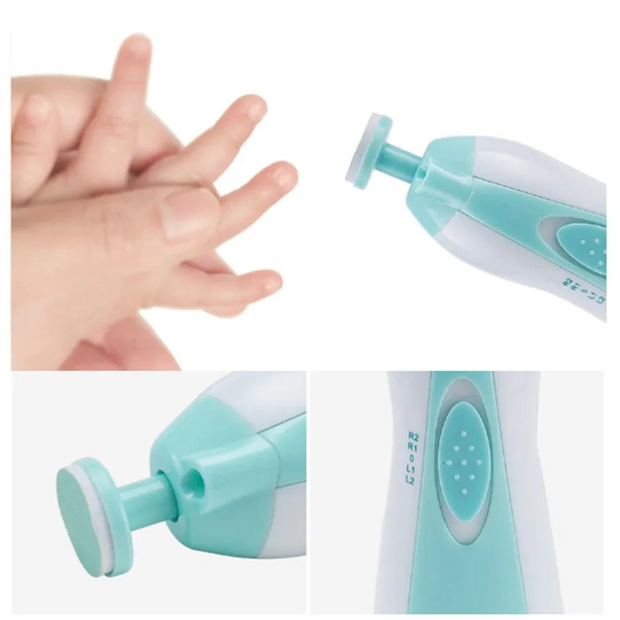 Detailed view of a pink baby nail trimmer kit with multiple grinding heads for infants.