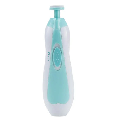 Baby electric nail trimmer kit showing all accessories: file, buffing pads, and case.