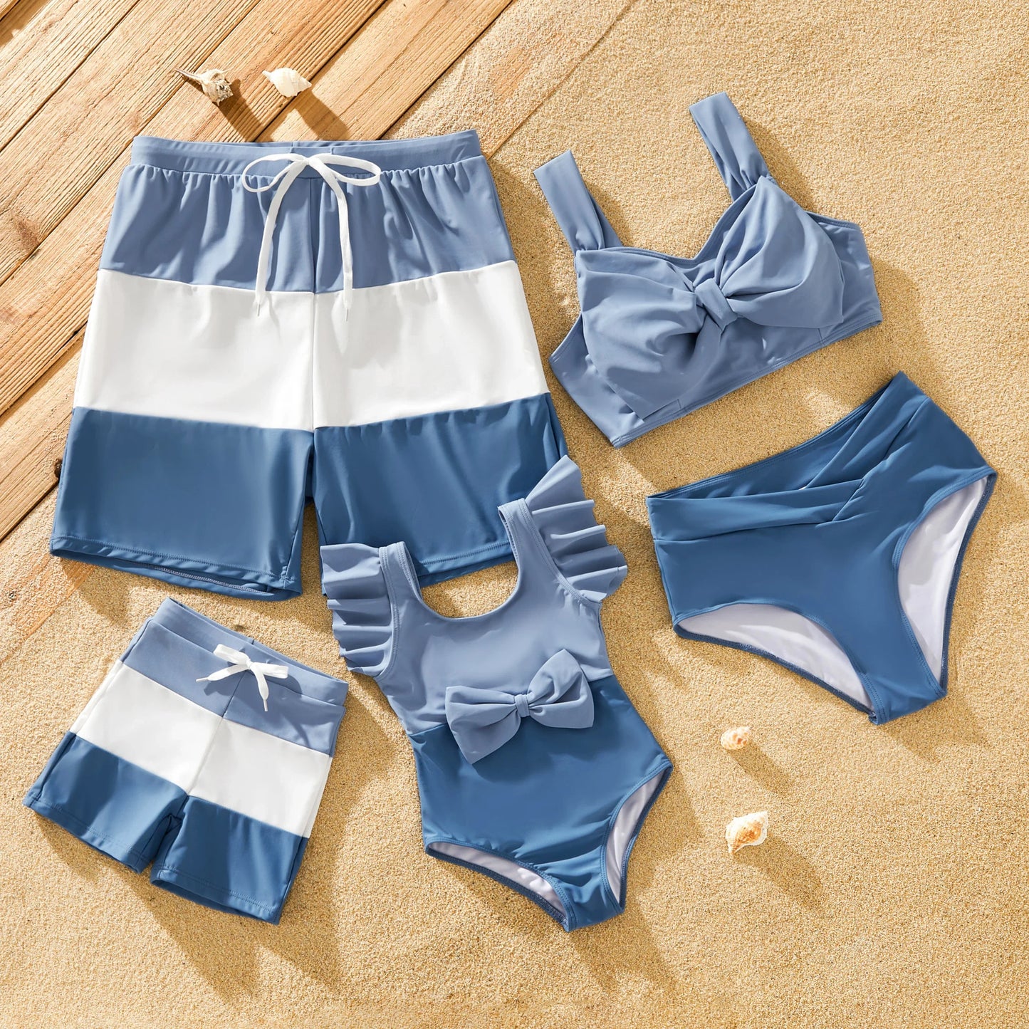 Blue family matching swimwear set for beach or pool, coordinated vacation style