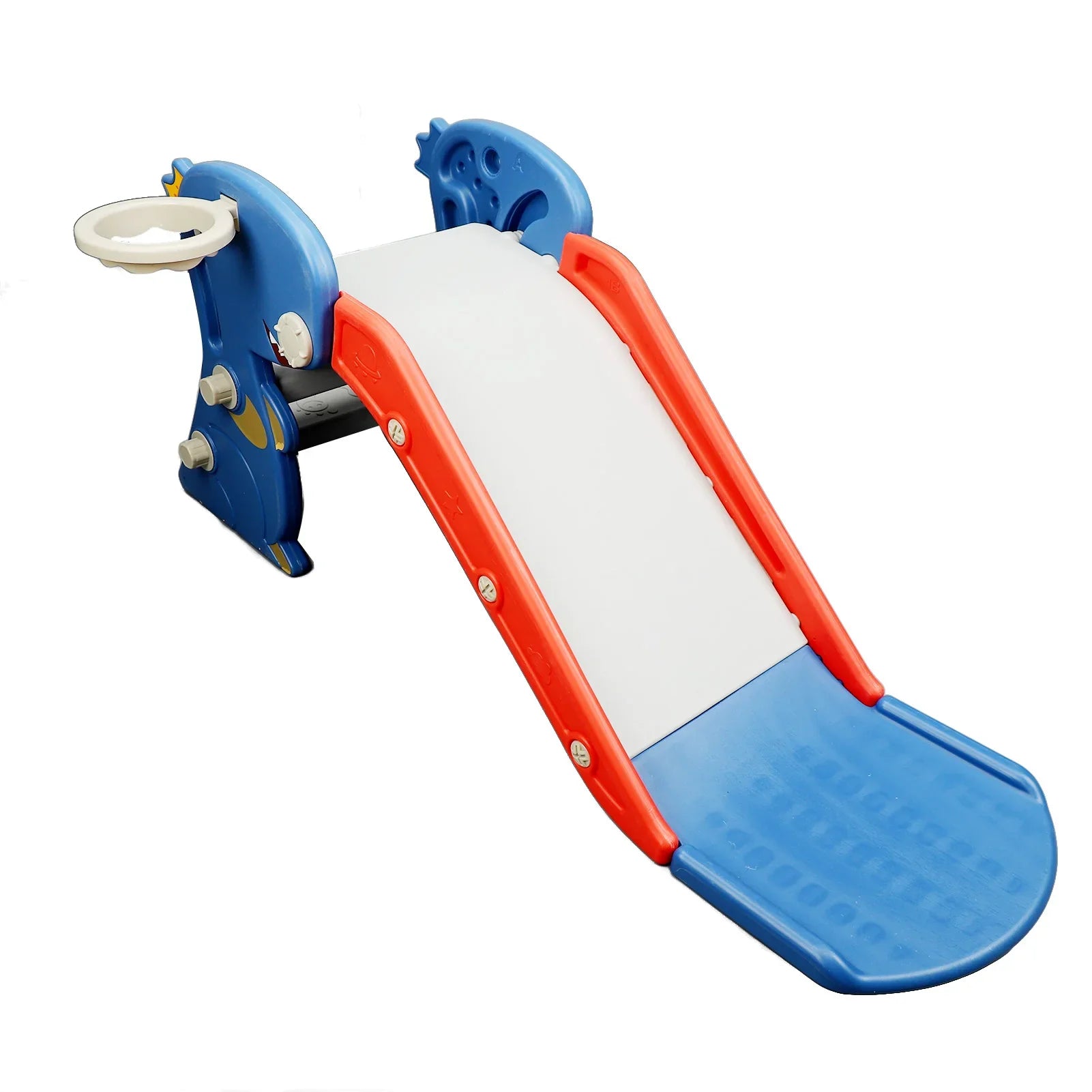 Blue foldable toddler slide with basketball hoop for indoor active play, perfect for young children.
