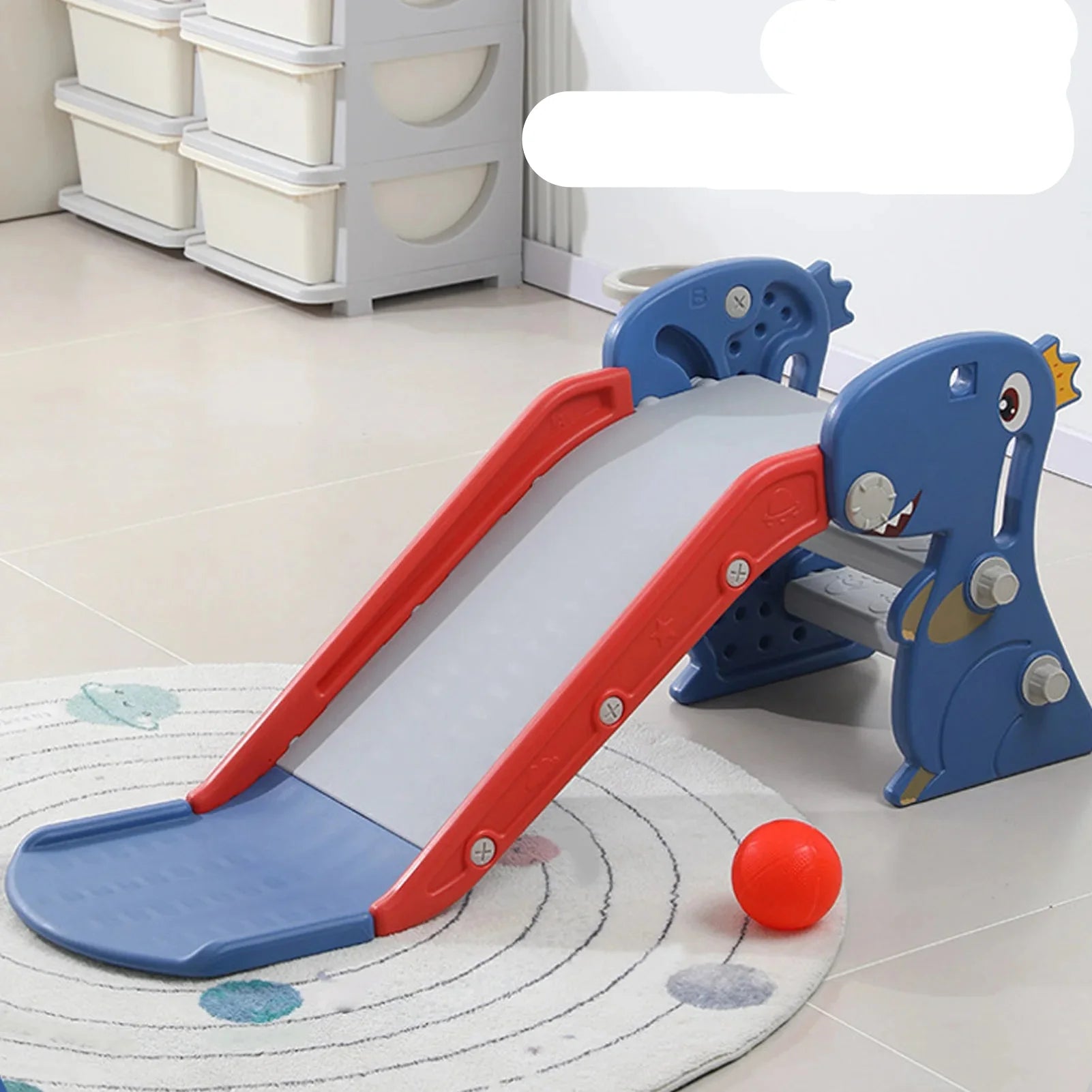 Foldable blue toddler slide and basketball hoop activity center, a versatile kids' indoor playset.