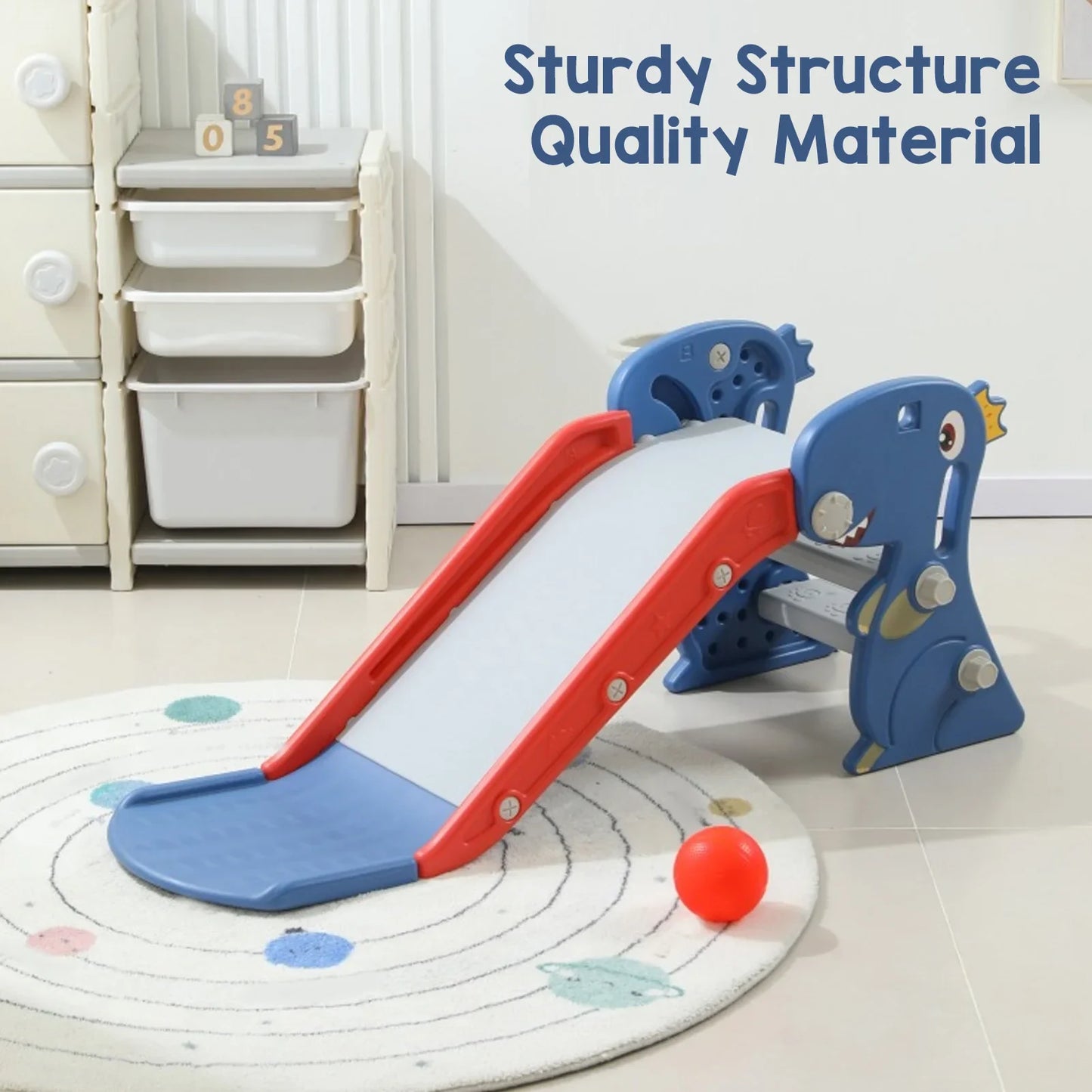 Compact blue toddler slide with integrated basketball hoop, ideal for small spaces and indoor fun.