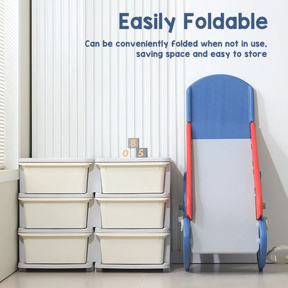 Toddler's blue indoor slide with a basketball hoop attached, promoting active play and motor skills.
