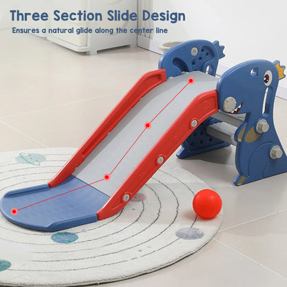Kids' blue foldable climber with basketball hoop, a fun and easy-to-store indoor playset.