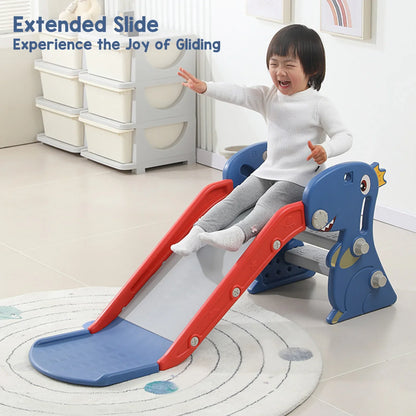 Preschool blue slide and basketball hoop combo, providing a safe and engaging indoor activity.