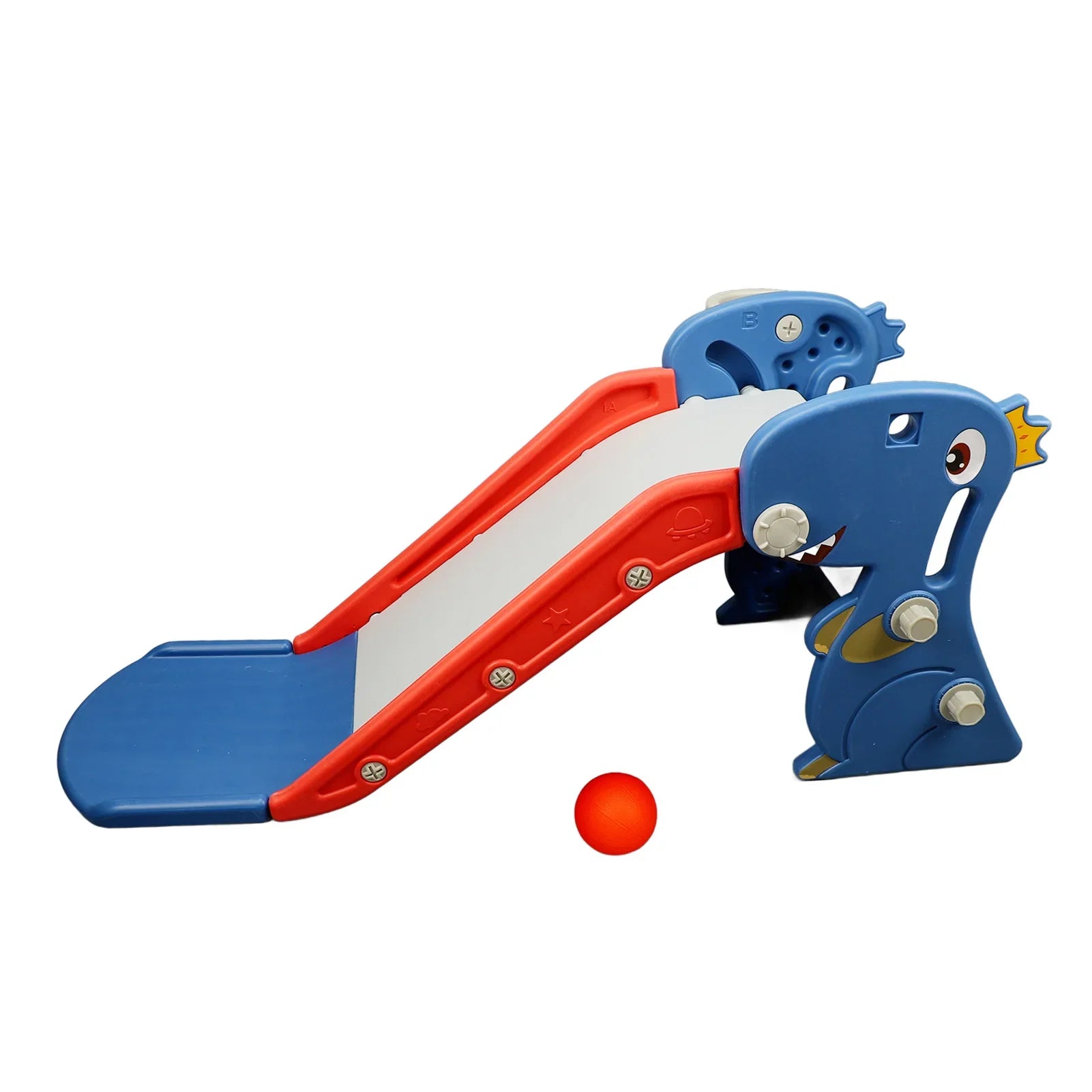 Baby blue foldable slide featuring a basketball hoop, an excellent indoor playset for toddlers.