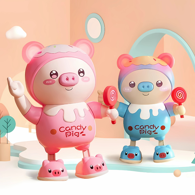 Blue interactive dancing pig toy for kids, lights up while grooving to music.