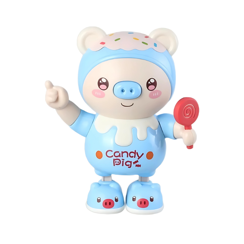 Kids playing with an interactive singing and dancing piggy groove toy that lights up.