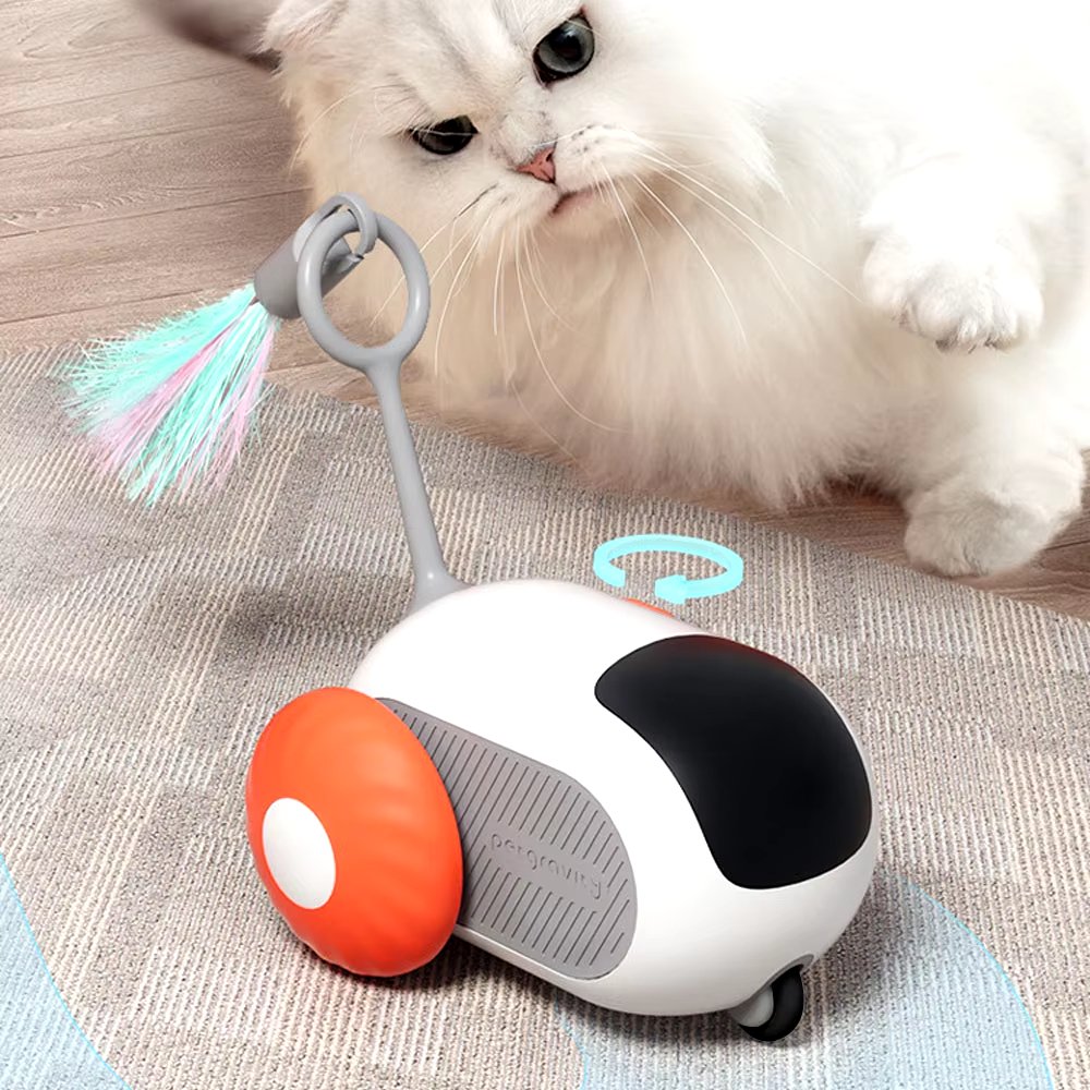 Vibrant blue and orange interactive cat chase toy moving automatically to entertain playful felines.
