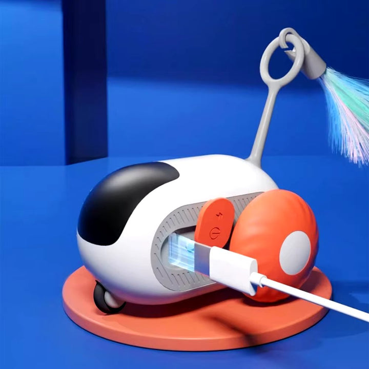 Automatic & rechargeable interactive cat chase toy in blue & orange. Great pet supply for feline fun.
