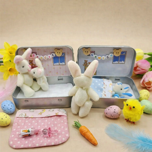 Blue plush bunny pocket toy in keepsake tin, perfect for kids' anxiety relief & travel.