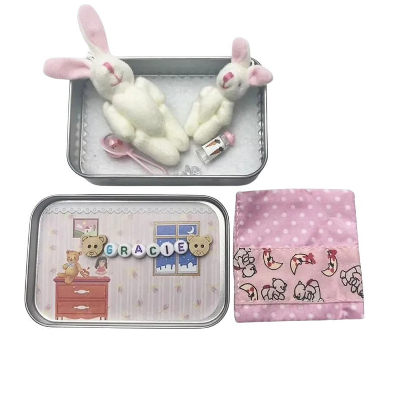 Close-up of a soft plush bunny pocket toy, a comforting travel friend and keepsake for children.