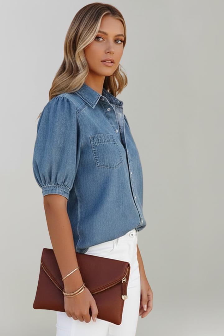 Modern blue puff sleeve blouse for women, a chic button-down top combining comfort and contemporary fashion.