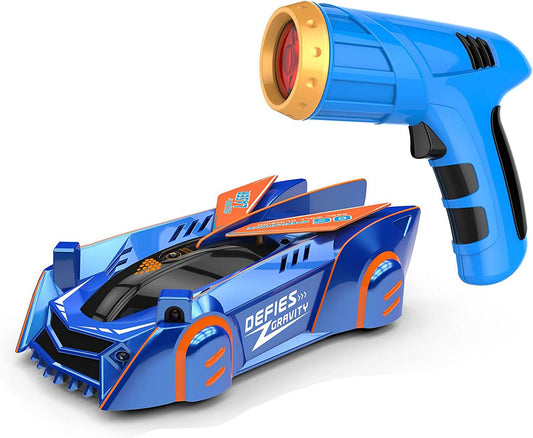Blue wall climbing RC car with laser pointer control for kids playing on a white wall