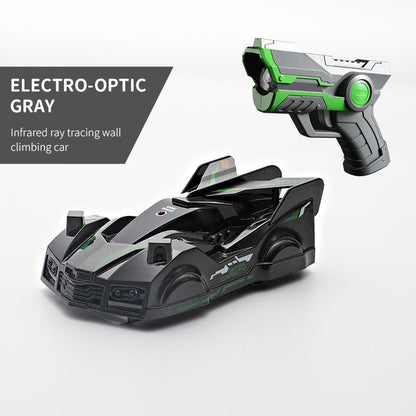 Wall climbing RC car for kids demonstrating its suction grip on a glass surface