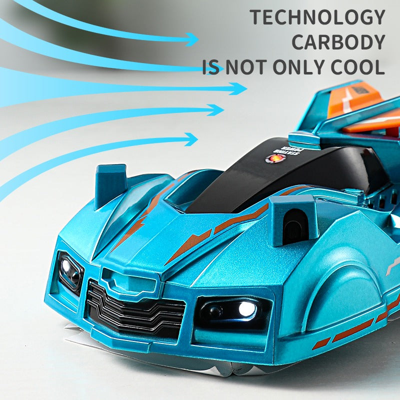 Gravity defying blue RC car toy for kids, shown climbing a smooth vertical surface