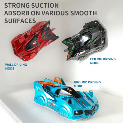 Kids' remote control wall climbing car with red laser targeting a path