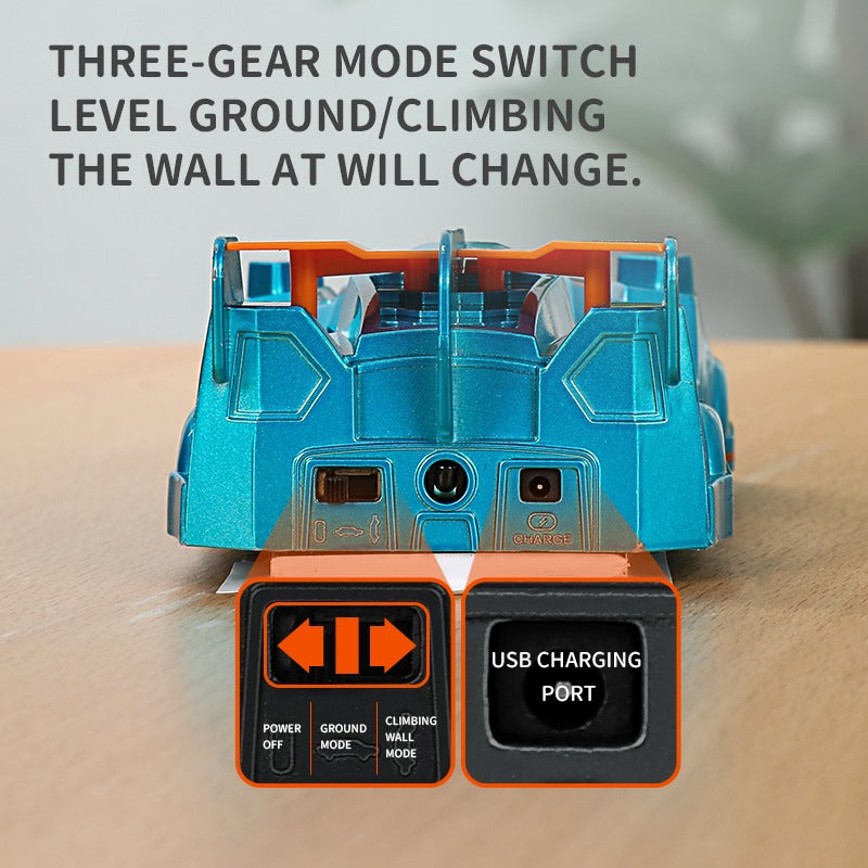 Close-up of blue wall climbing RC car with detailed wheels and laser sensor