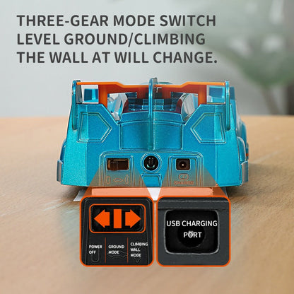 Close-up of blue wall climbing RC car with detailed wheels and laser sensor