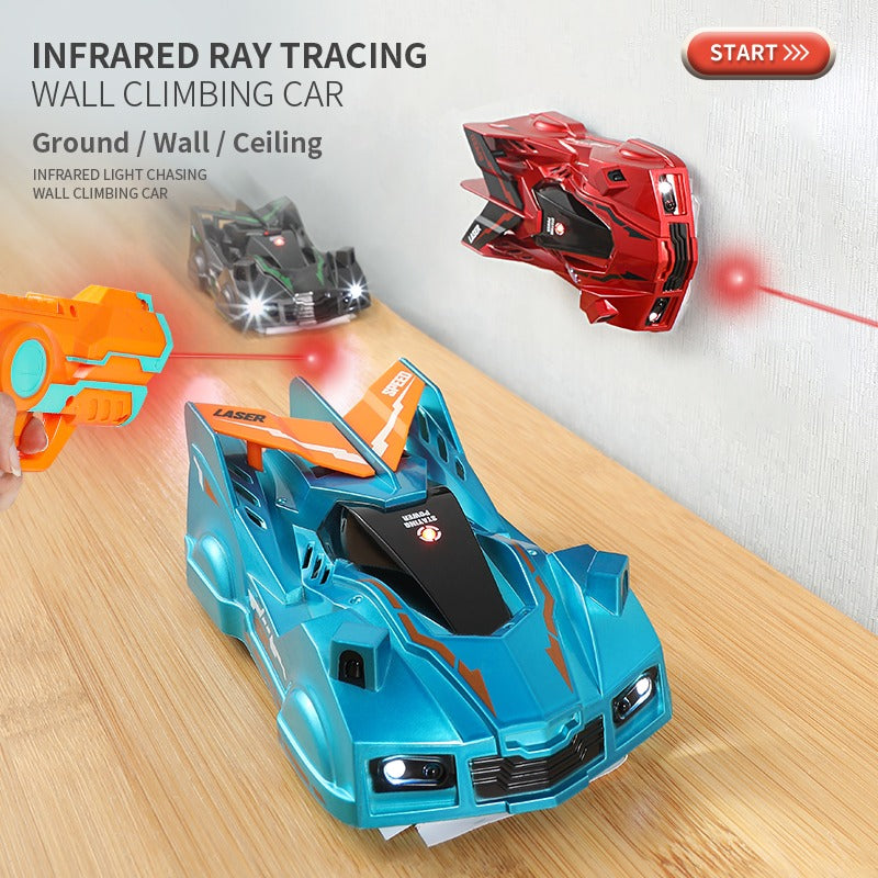 Packaging for kids' wall climbing RC car, highlighting laser control feature