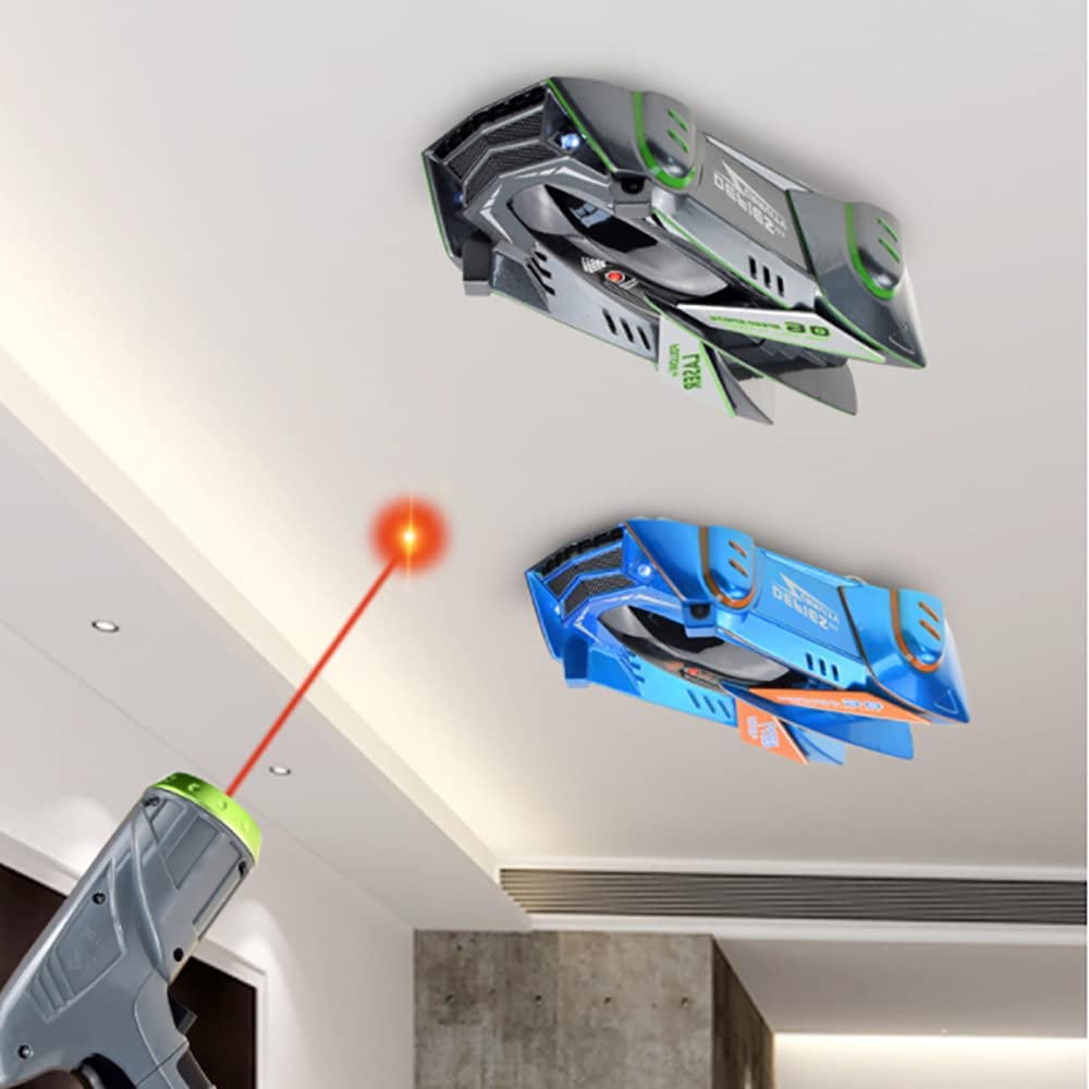 Blue kids' toy car defying gravity, adhering to a wall with suction technology