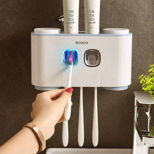Blue wall-mounted toothbrush holder & dispenser, ideal family bathroom organizer for kids oral care