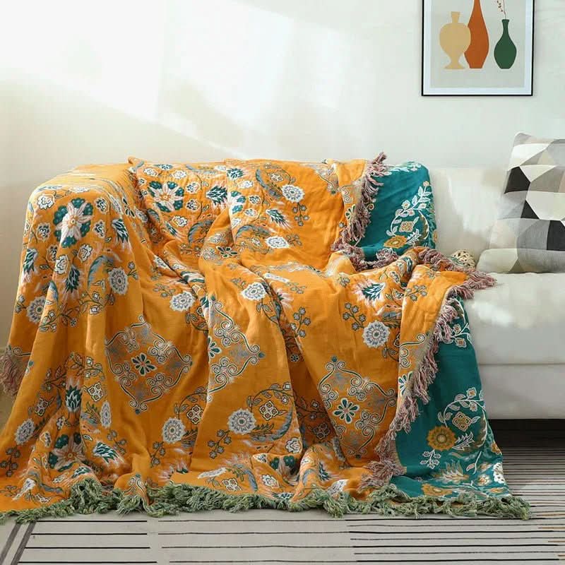 Cozy bohemian cotton throw blanket. Soft accent blanket for living room or bed, adding comfort & style to home decor.