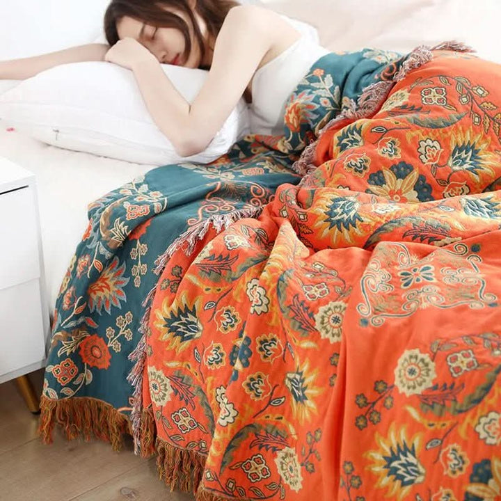 Decorative bohemian cotton throw blanket. A soft accent for cozy living spaces, perfect for beds & sofas.