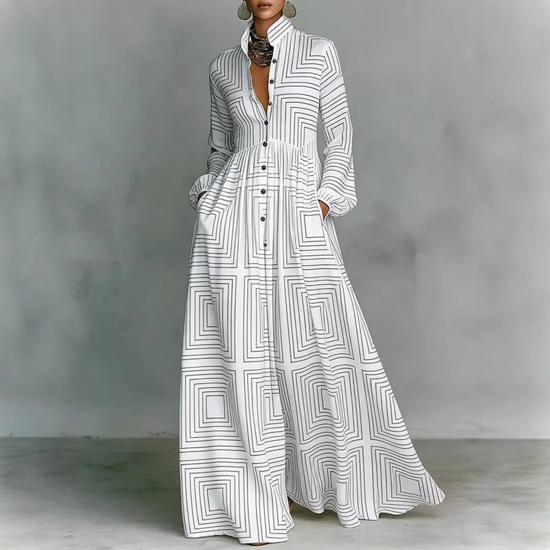 Bohemian printed maxi dress for women, long sleeve, high waist, perfect for summer casual & vacation wear.